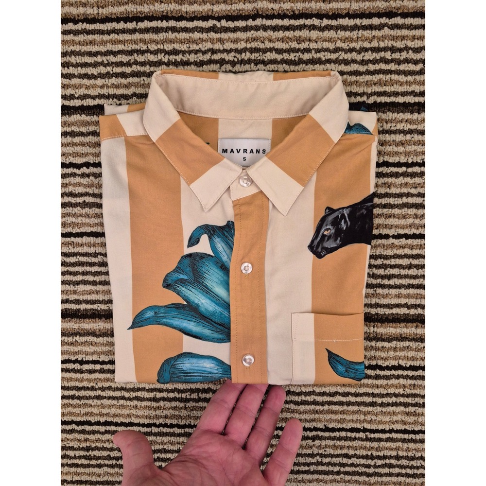 Mavrans Mens Small Tan Panther Tropical Leaf Short Sleeve Button Down Shirt